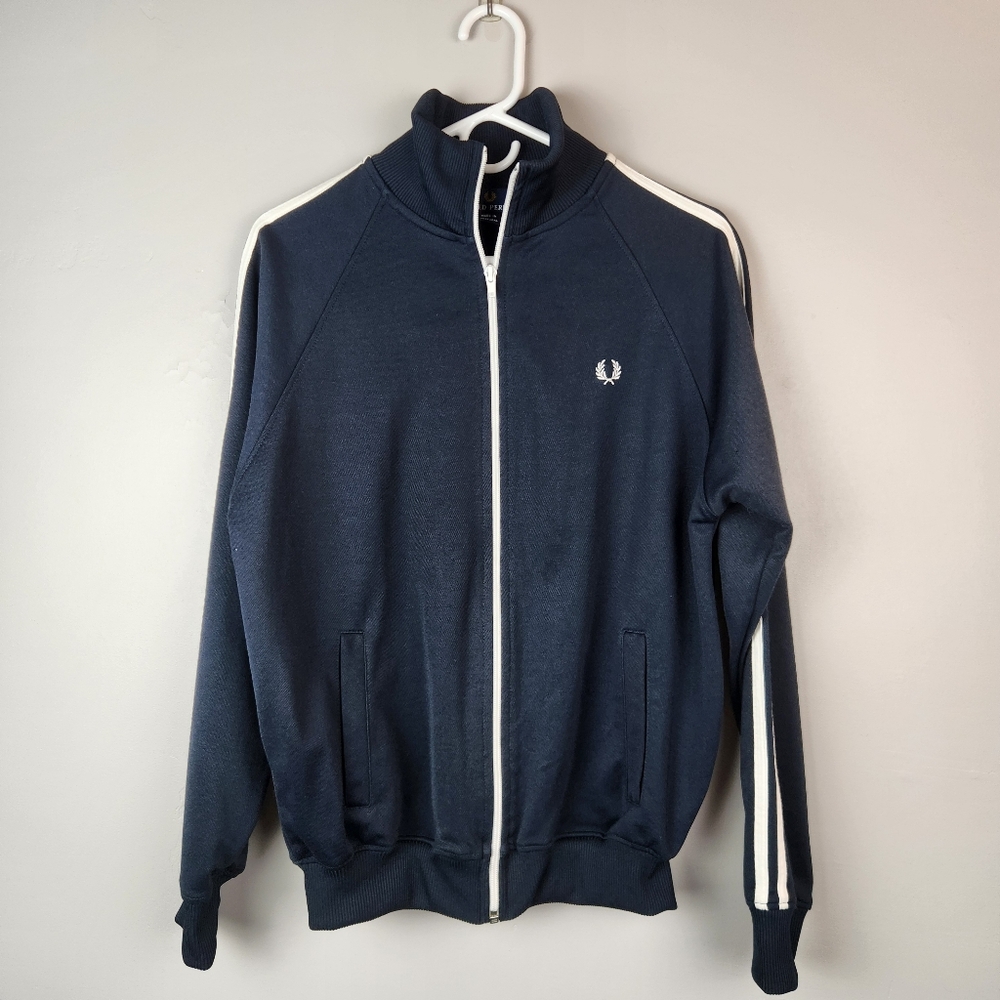 Fred Perry Taped Track Jacket Navy Blue White Sleeve Stripe Size Small